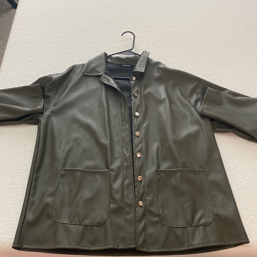 Army green pleather blazer.